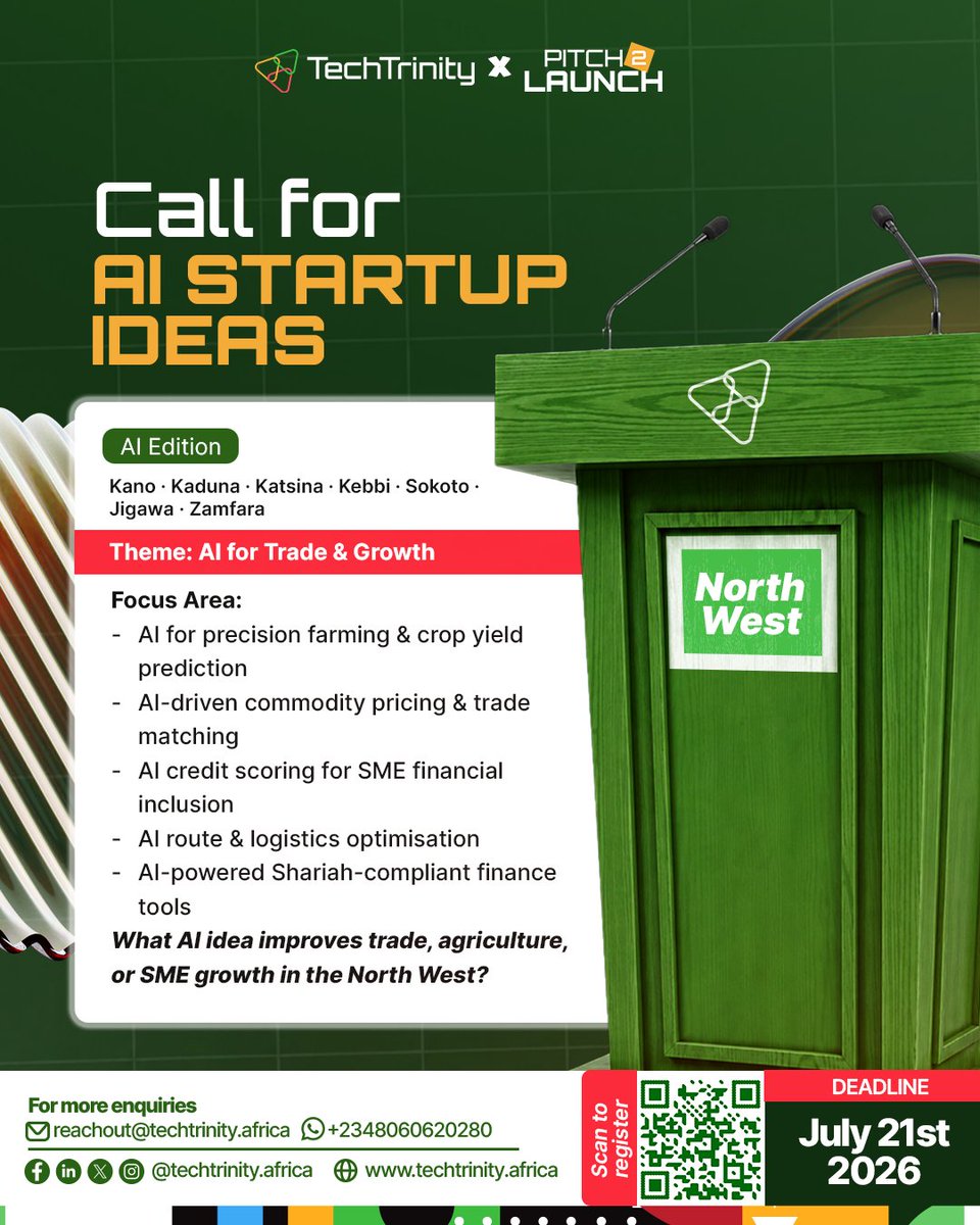 _techtrinity's tweet photo. TechTrinity × Pitch2Launch

Call for AI Startup Ideas
What can AI solve where you are? Every region of Nigeria has a problem worth building an AI solution for — this is the call to bring yours forward.

Submission Deadline: July 21st, 2026 
Link: https://t.co/UYSsuHoXp7 https://t.co/KITZld0wEJ