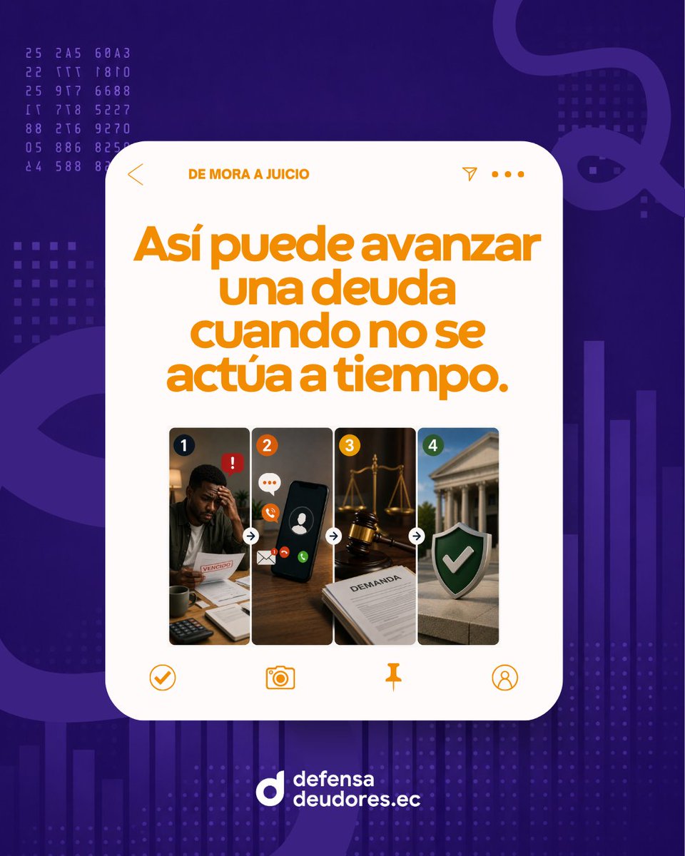 DefensaDeudorEc's tweet photo. ⏳ Una deuda no llega a juicio de un día para otro. Cada etapa es una oportunidad para actuar antes de que el problema crezca.
Conocer el proceso puede ayudarte a tomar mejores decisiones.
Si ya recibes gestiones de cobranza o tu caso está avanzando, conversemos https://t.co/xV79BhMmec