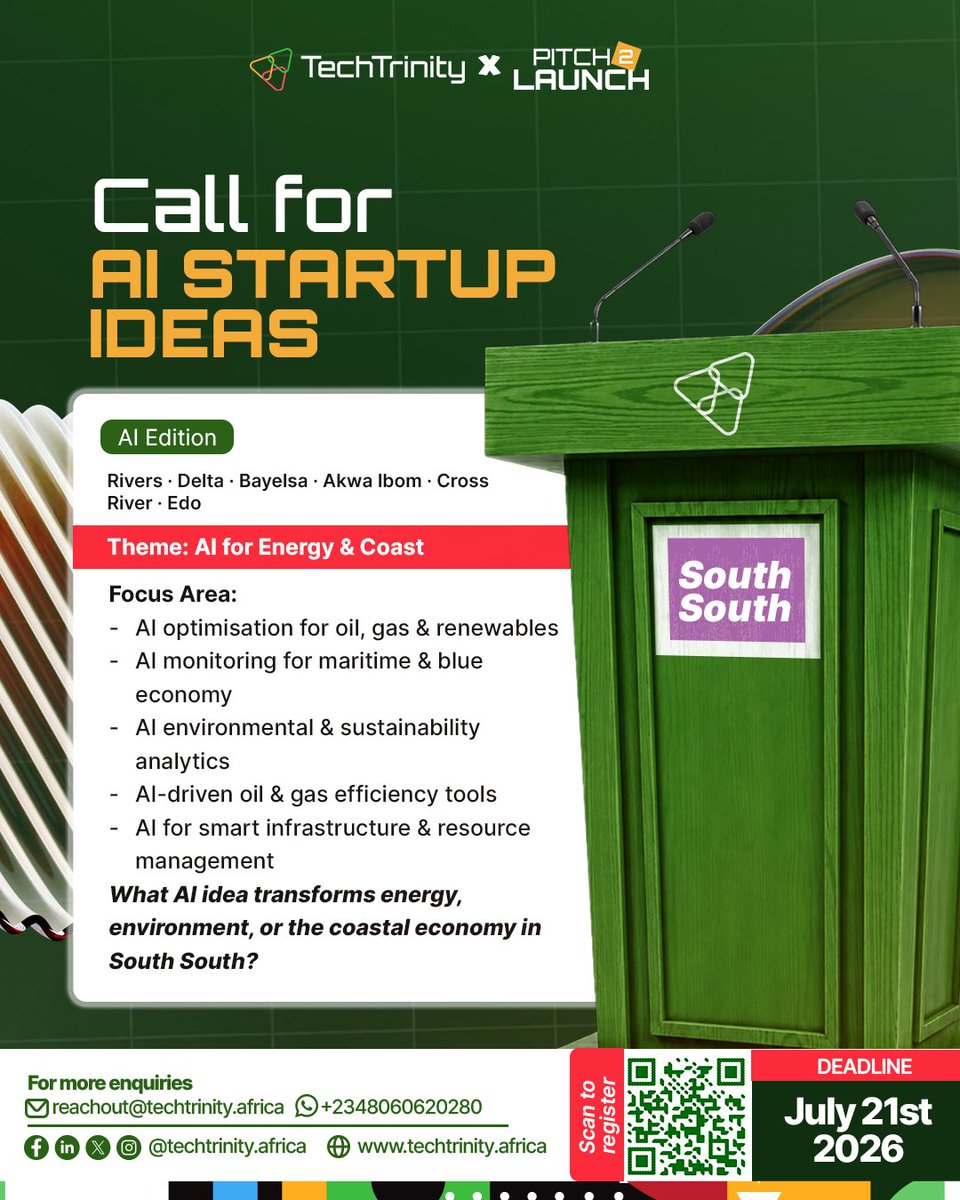 _techtrinity's tweet photo. TechTrinity × Pitch2Launch

Call for AI Startup Ideas
What can AI solve where you are? Every region of Nigeria has a problem worth building an AI solution for — this is the call to bring yours forward.

Submission Deadline: July 21st, 2026 
Link: https://t.co/UYSsuHopzz https://t.co/hbOyENPP2a