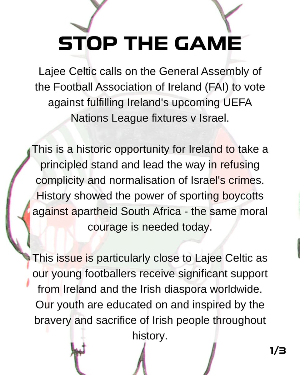ipsc48's tweet photo. Powerful statement from Lajee Celtic calling on the General Assembly at the FAI EGM this evening not to endorse the Ireland Israel Nations League fixtures. Our solidarity with the Palestinian people is important and we must respect their boycott call #StopTheGame https://t.co/Ba2mluuJy9