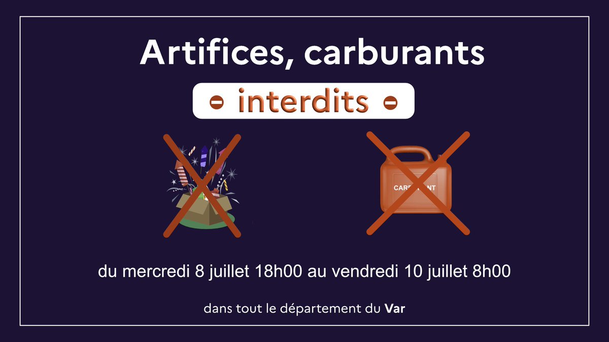Prefet83's tweet photo. #Sécurité I Le préfet du #Var a pris 2️⃣ arrêtés d’interdictions temporaires pour garantir la sécurité de tous durant les matchs de la #CoupeDuMonde de #Football.
➡ Du mercredi 8 juillet 2026 à 18h00 au vendredi 10 juillet 2026 à 08h00 :
❌ Interdiction pour les particuliers d'utiliser des artifices.
❌ Interdiction de transporter du carburant (en bidons, jerricans).

➕ d'infos et les arrêtés ici :https://t.co/PgArepnSCK