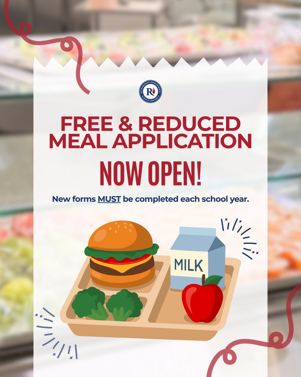 RichardsonISD's tweet photo. Applications for free and reduced meals for the 2026-2027 school year are NOW OPEN! 

New forms MUST be completed each school year.

✅ For criteria, eligibility and to apply, visit https://t.co/N0uzZVXlfP.

Need assistance? Visit the Child Nutrition Office 
🗓️ Mon-Thurs: 9 a.m. – 2 p.m.
📍RISD Support Center
900 S. Greenville Ave
Richardson, TX 75081
Child Nutrition Office - Room A116

Contact Michelle Costabella at 469-593-0102 or Michelle.Costabella@risd.org if you have any questions.