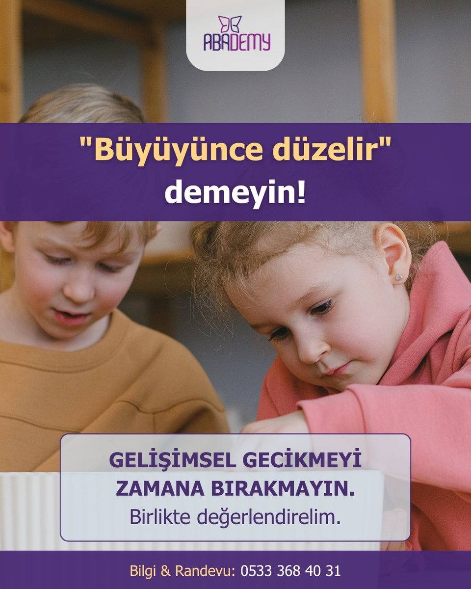 Abademycomtr's tweet photo. “Biraz daha büyüsün, düzelir...” Bu cümle bazen ailelerin içini rahatlatırken, bazen de ihtiyaç duyulan desteğin gecikmesine neden olabiliyor.
Çocuğunuzun gelişimiyle ilgili aklınızda soru işaretleri varsa, beklemek yerine değerlendirmek en doğru adımdır.

#çocukdeğerlendirme https://t.co/zxuRxVMd4l