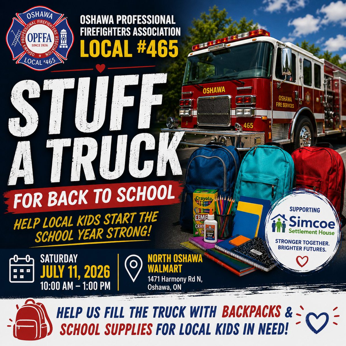iafflocal465's tweet photo. Oshawa Firefighters are collecting backpacks & school supplies in support of @simcoehallsh Operation Backpack.
July 11
10AM–1PM
North Oshawa @Walmart
1471 Harmony Rd N
Help local kids start the school year ready!
#Oshawa #OperationBackpack @OshawaFire @IAFFCanada https://t.co/DfnGWOfTgZ