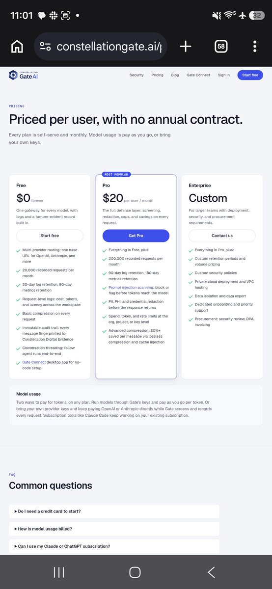Dagnum_PI's tweet photo. My timeline is filled with people crying about running out of CLAUDE credits and have no access to FABLE 5

Meanwhile AI² and Constellation just launched Gate AI and said it plain.

Pick your models  they will keep changing.

Use frontier when you need it. Cheap open models for the rest. 

Bring your own keys. 
Pay as you go. 

$0 forever or $20/user Pro. 

Real-time prompt injection defense + every request fingerprinted with Digital Evidence for real proof.

This is enterprise security without the enterprise gatekeepers. $AIAI $DAG