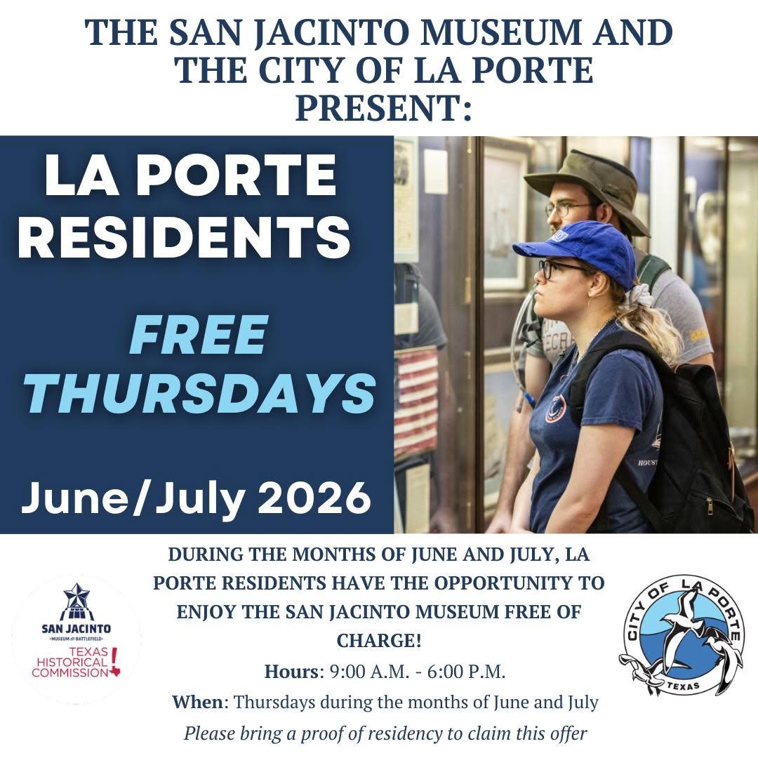 LaPorteByTheBay's tweet photo. ⭐️The San Jacinto Battleground State Historic Site is offering free admission to La Porte residents on Thursdays in June and July! Don't forget your proof of residency to take advantage of this opportunity.

 #richinhistory https://t.co/VdIcP4s8LP
