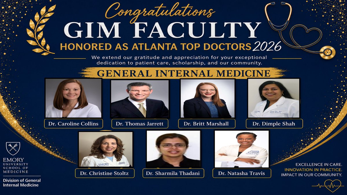 EmoryGIM's tweet photo. 🏆 Congrats to our 7 GIM faculty members recognized in this year’s edition of Atlanta Magazine’s Top Doctors! We are proud to celebrate their achievement and grateful for the impact they make every day. #TopDoctors #PrimaryCare #GIMProud https://t.co/lReSY6MAdh https://t.co/dikUvko7RG