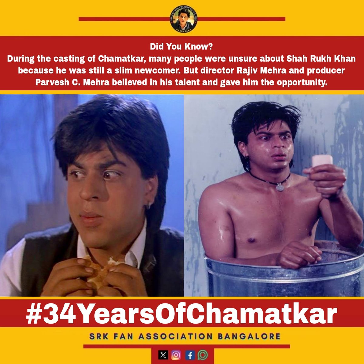 Srk_bangalore's tweet photo. Did You Know? 🤔
Many doubted Shah Rukh Khan's casting in Chamatkar, but director Rajiv Mehra and producer Parvesh C. Mehra believed in him.
The rest is history. 👑❤️
@iamsrk
#34YearsOfChamatkar https://t.co/hFjZW3gEjh