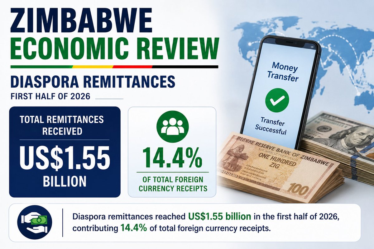 ZimbabweReview's tweet photo. Diaspora Remittances Reach US$1.55bn in 6 months.

Zimbabwe received US$1.55 billion in diaspora remittances during the first half of 2026, contributing 14.4% of total foreign currency receipts and reinforcing the country's foreign exchange inflows. https://t.co/WSkClWW50e