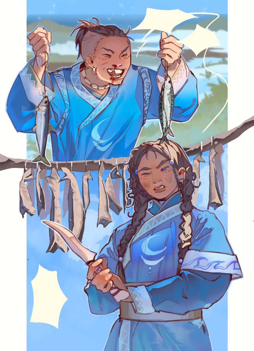art_hskuldrrr's tweet photo. the fish drying
(THE story abt sokka &amp; two fishing hooks)

sokka: im lost the boat and almost drowned and lost my tooth BUT here is the dinner!
katara: 🫩🫩🫩

#atla #avatarthelastairbender #sokka #katara https://t.co/PER5tjueZy