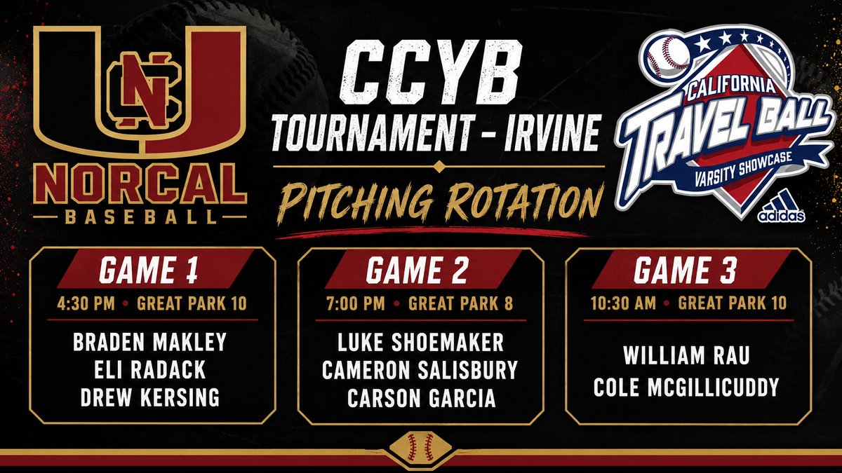 NorCalBaseball's tweet photo. Here is the Pitching Rotations for our @NorCalBaseball @NorCalU1 Black team at the CCYB event in Irvine July 9-11. Some big arms ready to role https://t.co/JkpV3UrFqL