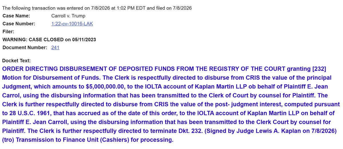 innercitypress's tweet photo. E. Jean Carroll beat, it's done: "The Clerk is respectfully directed to disburse from CRIS the value of the principal Judgment, which amounts to $5,000,000.00" - Inner City Press is on the case(s) https://t.co/lfkr9CiKoI