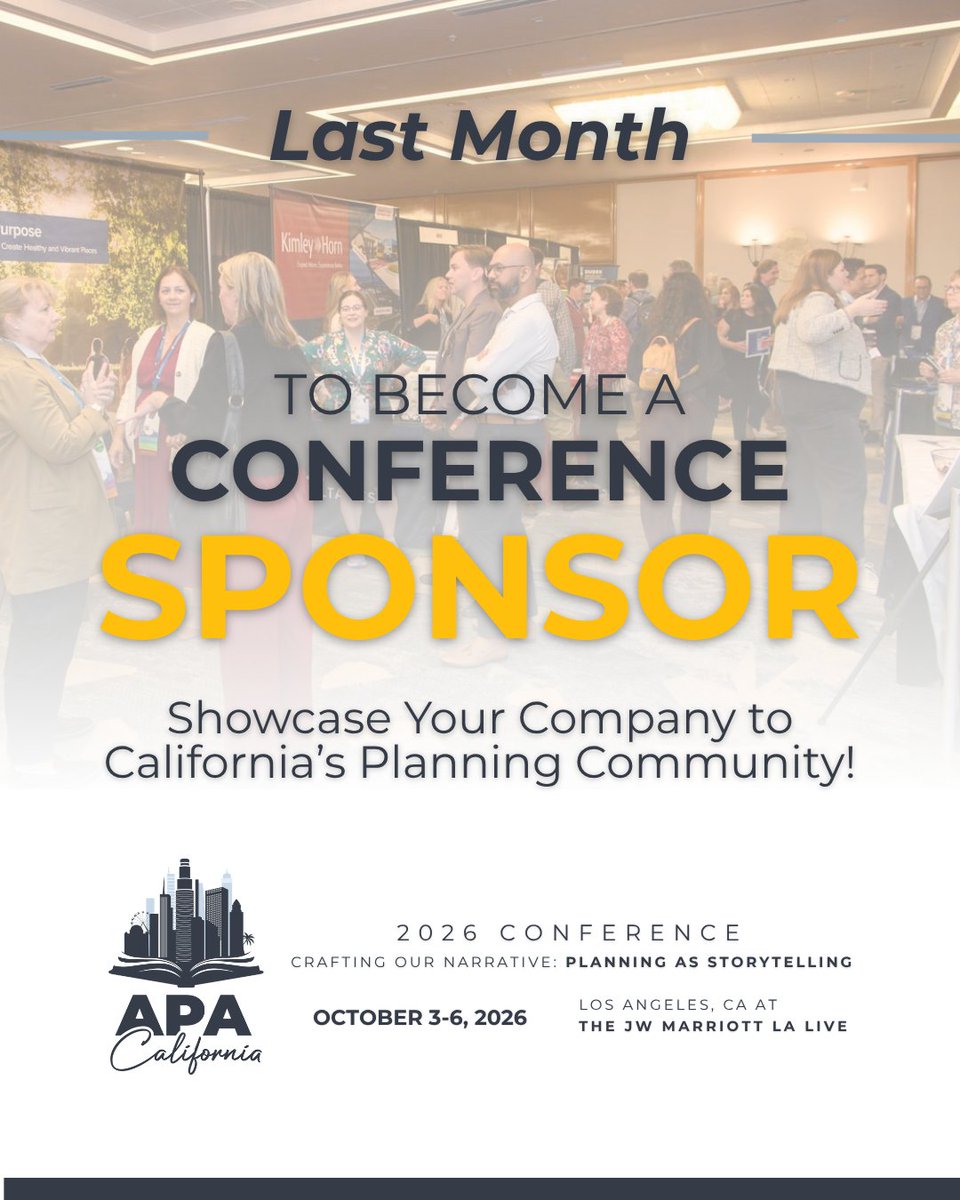 APACalifornia's tweet photo. Last month to become a conference sponsor!

Join us in Los Angeles this October and put your organization in front of one of the nation's largest gatherings of planning professionals.

Visit: https://t.co/E4ZCXSVOrC https://t.co/m9LZIt035z