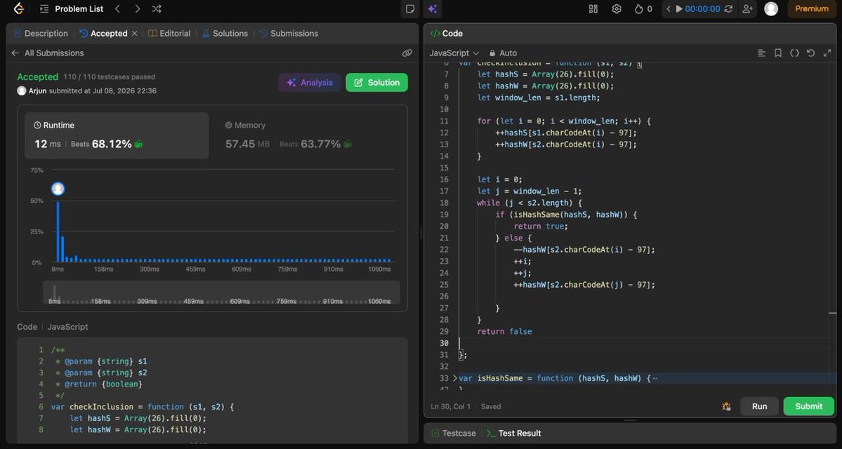 ArjunReactpanda's tweet photo. π Day 11/365 β DSA
β
Solved LC 567 β Permutation in String
π‘ Today's learning:
Explored the Fixed Sliding Window pattern using a frequency array to compare character counts efficiently.
#365DaysOfCode #LeetCode #DSA #SlidingWindow #NamasteDev #JavaScript #CodingJourney https://t.co/315bsDLL70