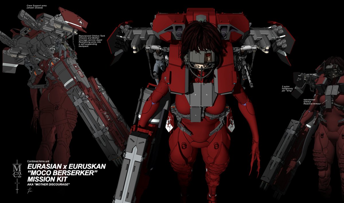 ukitakumuki's tweet photo. Mother Courage Berserker Kit concept (2025): The heavy visor was left out in the end but a variant of the muzzle was kept on one of the MoCos in the background of the 'group lineup' shot in the forest! https://t.co/IgITk5zxU5