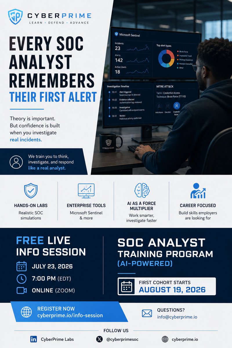 CyberPrimeSOC's tweet photo. Every SOC analyst remembers their first alert. The difference is knowing what to do next.

Learn by investigating real incidents—not just watching videos.

🎙️ Free Info Session
📅 July 23 • 7 PM EDT
🔗 https://t.co/wBoMOmjcbA

#CyberSecurity #SOCAnalyst https://t.co/pe97olYC6o
