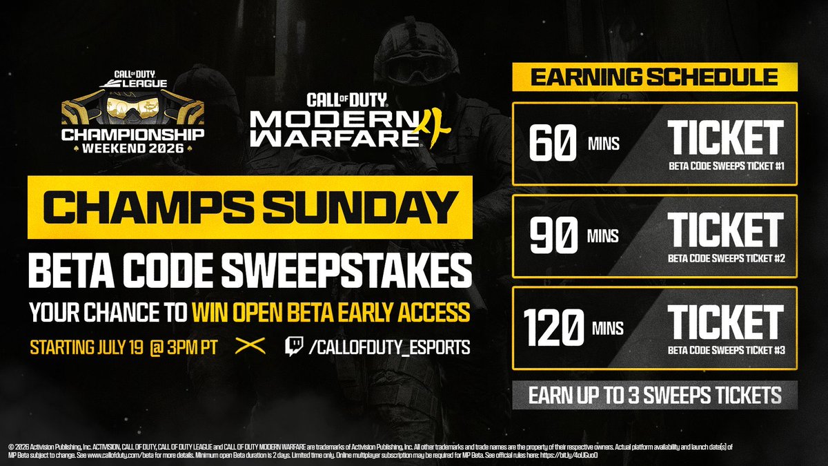 CoDQG_'s tweet photo. 🎟️ Des codes BÊTA de Modern Warfare 4 seront à gagner dès le 19 juillet !

💥 En regardant les CDL Champs, vous aurez une chance de récupérer jusqu’à 3 codes d’accès à la bêta de Modern Warfare 4 ! https://t.co/B50tO7S92H