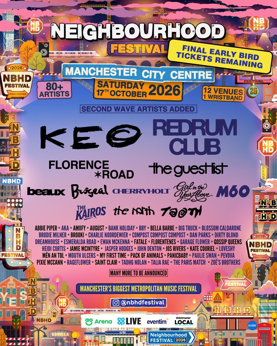 O2RitzManc's tweet photo. Final early bird tickets remain for @NBHDFestival headlined by @KeoBand_ - @RedRumClub &amp; featuring a massive set of acts across Manchester City Centre Sat 17th Oct. 🤘

Don’t miss your final chance to grab early bird tickets!

Get yours via our website! https://t.co/spqznkqBlc