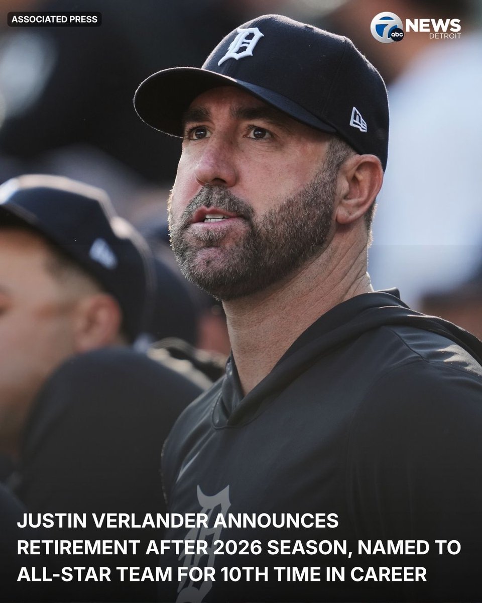 wxyzdetroit's tweet photo. After pitching for just over two decades, Justin Verlander will retire as a Tiger at the end of the 2026, he announced on Social Media after being named to the AL All Star team as the league's legend pick

More info: https://t.co/AO5pf35DQv https://t.co/pyMMgpydzn