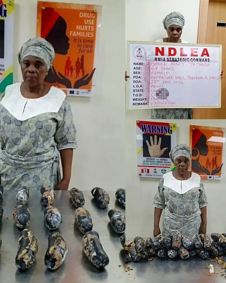 AZROBBEN's tweet photo. A 67-year-old Nigerian-British grandmother based in the UK has been arrested by the National Drug Law Enforcement Agency (NDLEA) after officers allegedly discovered 13 kilograms of cocaine concealed in fake plantain peels at the Murtala Muhammed International Airport (MMIA), Ikeja, Lagos.

The suspect, Mrs. Mary Yetunde Barek, who works as a caregiver in the UK, was apprehended at the departure hall of Terminal 2 on Sunday, June 28, 2026, while preparing to board a Virgin Atlantic flight to London.

According to the NDLEA, a detailed search of her luggage led to the discovery of 31 large packages of cocaine, carefully disguised as hands of plantain and hidden among other food items.

The recovered drugs weighed a total of 13 kilograms.

The agency also stated that during questioning, Mrs. Barek admitted ownership of the seized cocaine.