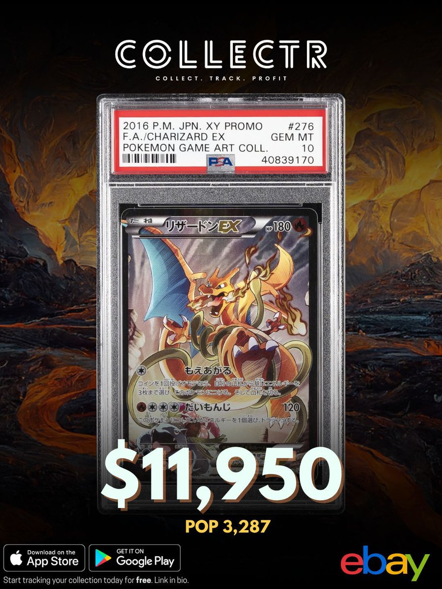 getcollectrapp's tweet photo. A Japanese PSA 10 Charizard EX from the Pokemon Game Art Collection promo just sold on eBay for $11,950. 

#collectr #pokemoncards #charizard #xypromo #pokemontcg https://t.co/uyjQeAB5fG