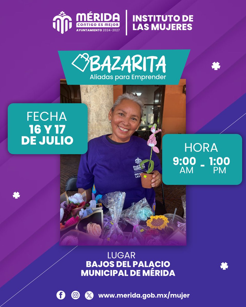 IMujerMerida's tweet photo. ¡Ven y apoya el talento local en Bazarita “Aliadas para Emprender”! ✨🟣

Este martes 16 y 17 de julio, a partir de las 9:00am en los Bajos del Palacio Municipal de Mérida, ven a conocer el increíble trabajo de mujeres artesanas y emprendedoras de Mérida. https://t.co/pkCUdi8EPF