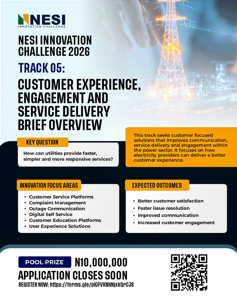 NESIChallenge's tweet photo. Power is not just about supply.
It’s also about service.

Track 05 is for solutions that help electricity providers communicate better, respond faster and deliver a more seamless customer experience.

#nesiinnovationchallenge #nesichallenge2026 #powertech #customerexperience https://t.co/n2Kl0HdvFu