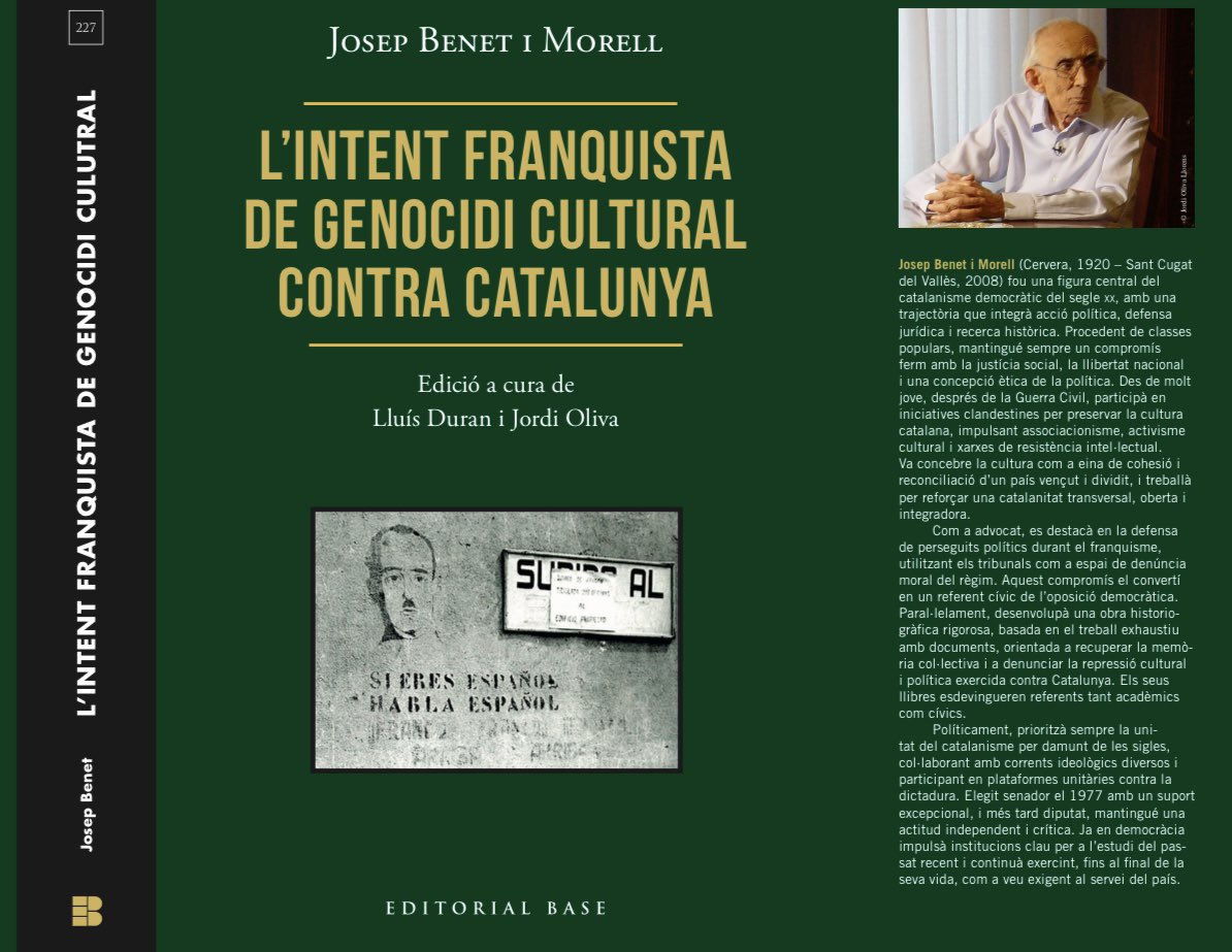 jolival65's tweet photo. JBenet ho avisà als setanta, noranta i dos mil. Llengua i cultura en greu perill mentre molts hi veien normalitat. Avui en tenim el resultat: un autèntic drama q els enemics aplaudeixen. Reeditar el text a @EditorialBase és gairebé un acte de resistència a contrarellotge. https://t.co/zHELIwZMZb