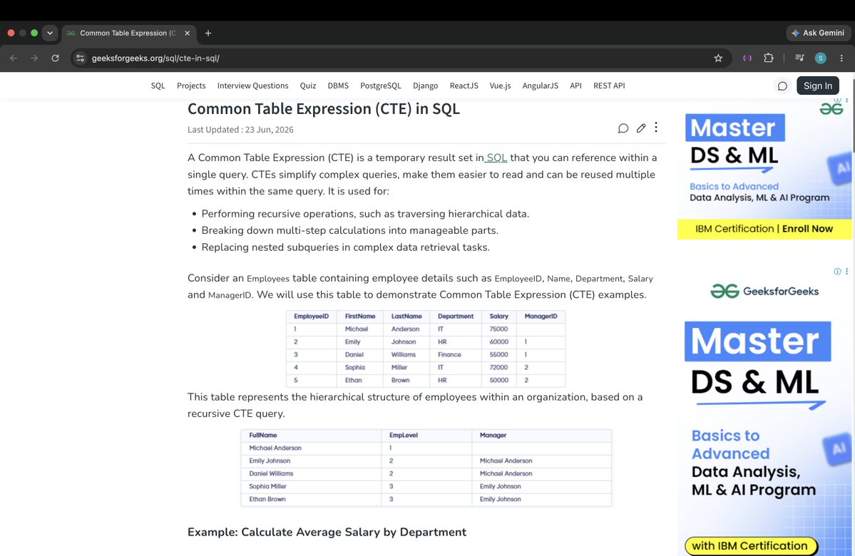 samrid2025's tweet photo. #LSPPDay38
Today, I learned about CTEs in SQL, how they work, why to use them, and how they differ from subqueries.
@lftechnology
#60DaysOfLearning2026 #LearningWithLeapfrog https://t.co/gWiHhKOzXT