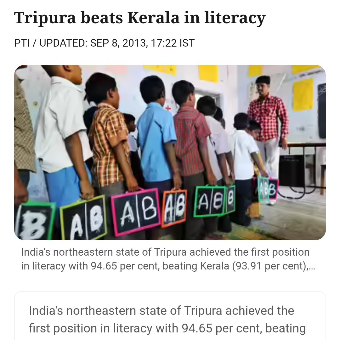 SadashivAnant1's tweet photo. Yes 
Tripura now officially has 100% literacy rate.
Vote Share of BJP in 2024 Lok Sabha elections in Tripura = 70% 🥵❤️‍🔥
Highest for any state 
Saars https://t.co/28mIcOluEj