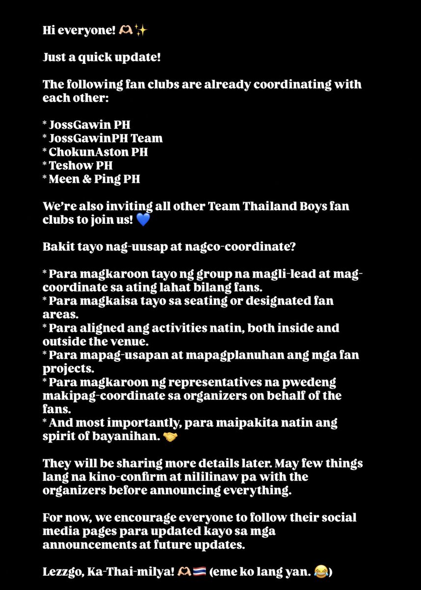 luithcrewthe's tweet photo. Hi everyone! 🫶🏻

Just a quick update!

The following fan clubs are already coordinating with each other:

* JossGawin PH
* JossGawinPH Team
* ChokunAston PH
* Teshow PH
* Meen &amp; Ping PH

We’re also inviting all other Team Thailand Boys fan clubs to join us! 💙

#Allstarsgame2026 https://t.co/Tr6fnRDL85