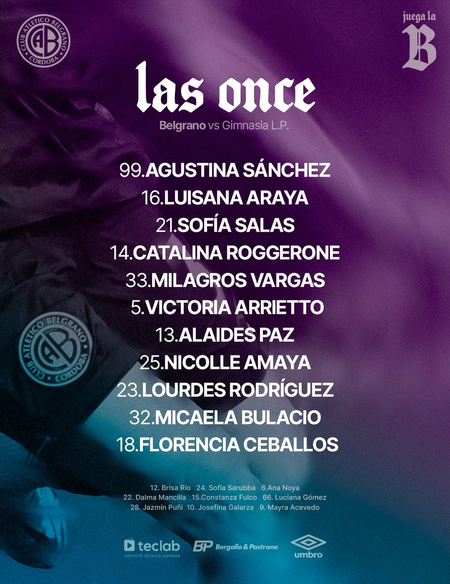 BelgranoFem's tweet photo. 📋 Así forma #Belgrano para enfrentar a Gimnasia LP, por la fecha 13 del Torneo Femenino.

¡Vamos #LasPiratas! 🏴‍☠️ https://t.co/6W0ScC4yyk