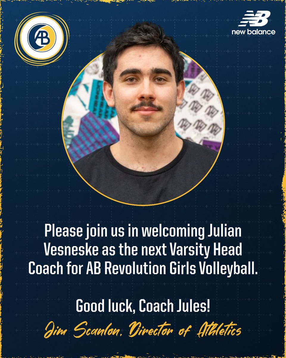 ABRevsAthletics's tweet photo. Please join us in welcoming JULIAN VESNESKE as the next Varsity Girls Volleyball Head Coach for the AB Revolution!! 🔄🏐👏

Coach Jules brings tremendous energy, enthusiasm, passion, &amp; volleyball knowledge to the gym - we look forward to his leadership!! #JoinTheRevolution https://t.co/Ha1PwQMIcs
