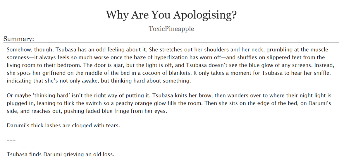 toxicpineapplex's tweet photo. day seventeen - "why are you apologising?"
fandom: #hndr
pairing: #darubasa
#femslashfebruary #minifemslashfeb2026
https://t.co/9YhtgFrU3G https://t.co/QfLt11sCAF