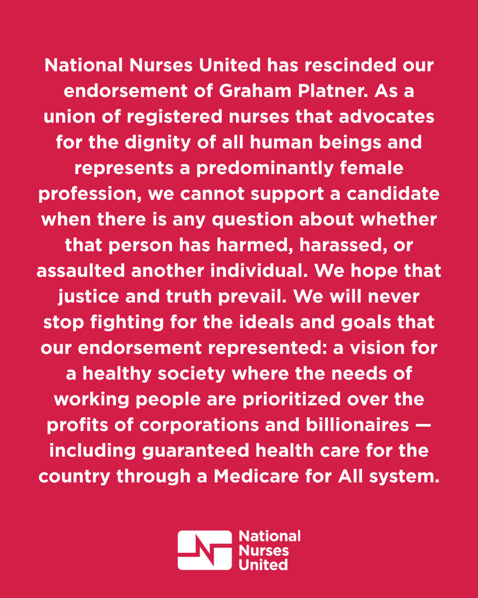 NationalNurses's tweet photo. Why nurses have rescinded our endorsement of Graham Platner. ⬇️ https://t.co/mPslRhIQ5v