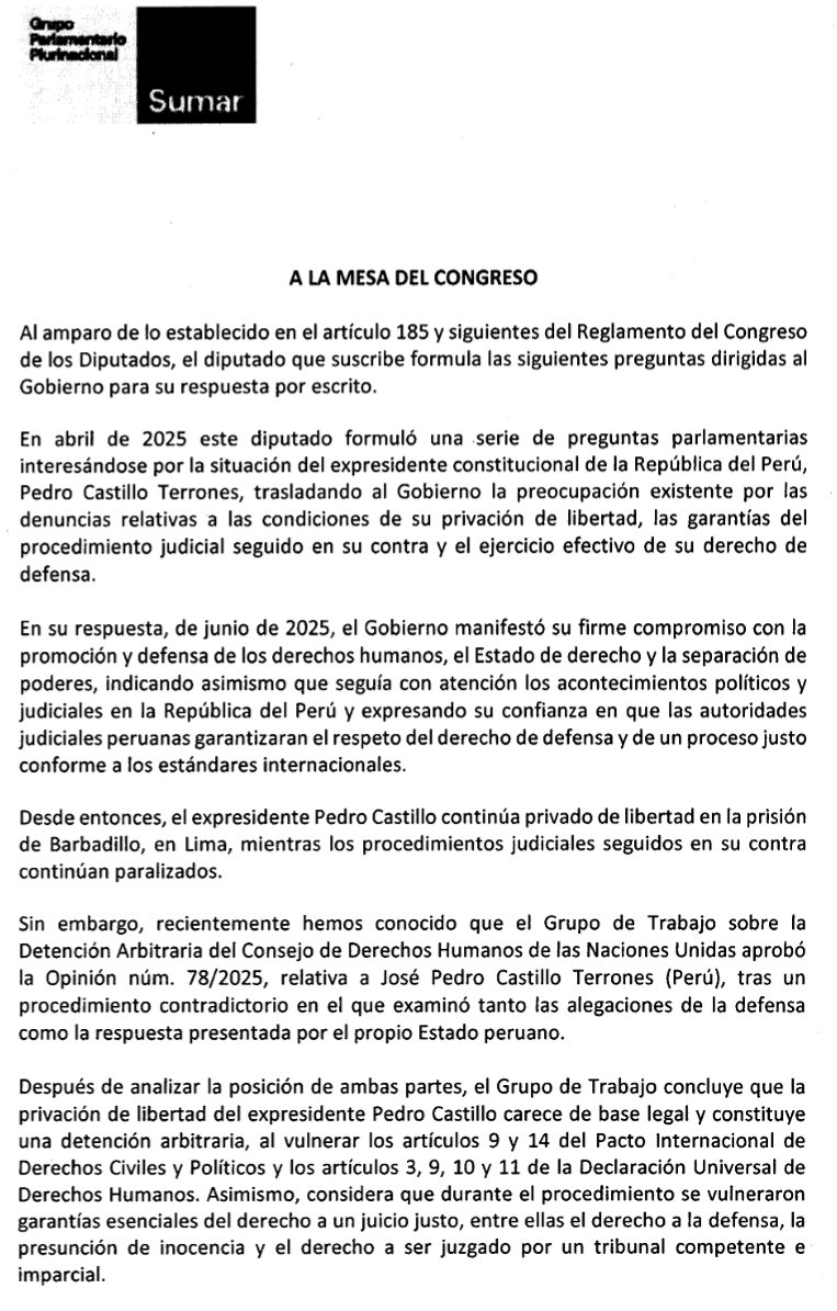 EnriqueSantiago's tweet photo. La detención de Pedro Castillo es ilegal y debe ser puesto en libertad, así lo reconoce el Grupo de Trabajo sobre Detenciones Arbitrarias de la @ONU_es.

Preguntamos al Gobierno si va a llevar esa posición a la Unión Europea y a defender públicamente su inmediata liberación. https://t.co/GTyje0k9sK