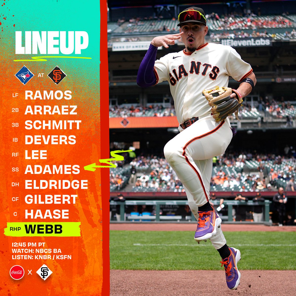 SFGiants's tweet photo. A series finale matinee☀️

⌚️: 12:45 p.m. PT
📍: @OracleParkSF
📺: @NBCSGiants
📻: @KNBR | KSFN

#SFGiants | @CocaCola https://t.co/nBmMe5v3h5