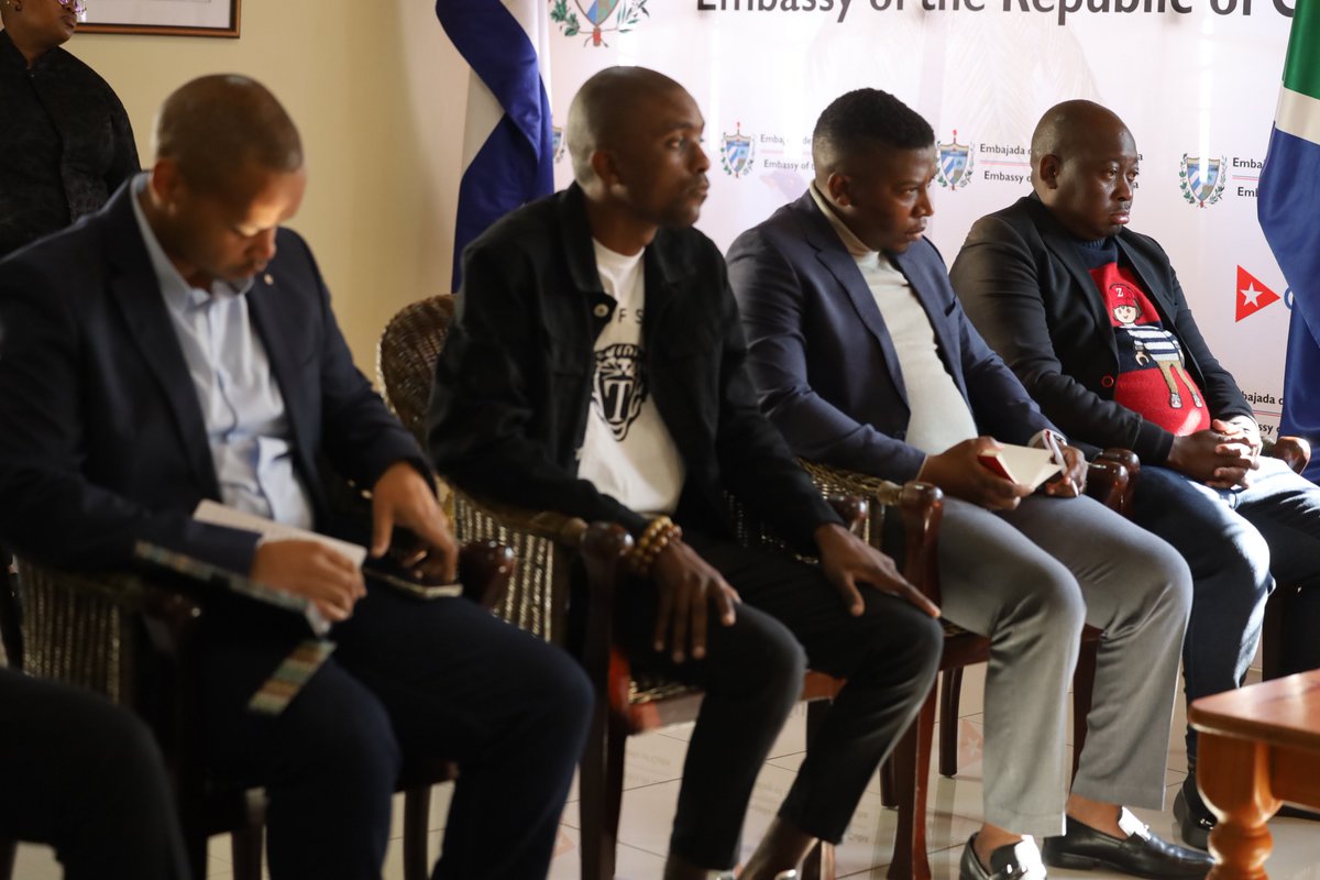 ANCYLhq's tweet photo. The ANCYL President, Cde Collen Malatji and The Deputy President Cde Francisco Dyantyi, together with members of the ANCYL International Relations Subcommittee, met with His Excellency Mr. Fakri Rodríguez Pinelo, Ambassador of the Republic of Cuba to South Africa, at the Embassy of Cuba in Pretoria.

The courtesy visit forms part of the ANCYL's programme to strengthen international solidarity, deepen diplomatic relations, and advance youth cooperation.

#ANCYLatWork