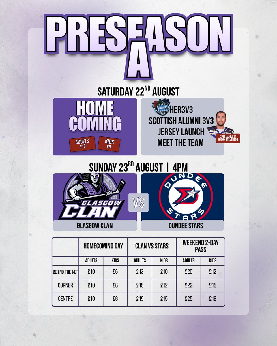 ClanIHC's tweet photo. 🏒 𝗠𝗔𝗥𝗞 𝗬𝗢𝗨𝗥 𝗖𝗔𝗟𝗘𝗡𝗗𝗔𝗥𝗦... 𝗖𝗟𝗔𝗡 𝗛𝗢𝗖𝗞𝗘𝗬'𝗦 𝗕𝗔𝗖𝗞

Hockey returns to Braehead Arena from 22nd August with six exciting events and games to kick-start the 2026/27 season!

📅 22 Aug – Hockey Homecoming
🏒 @Her3v3 returns
🏴󠁧󠁢󠁳󠁣󠁴󠁿 Scottish Hockey Alumni Event
💜 Dyson Stevenson returns for his banner unveiling

📅 23 Aug 🆚 Dundee Stars | FO 4pm

🌍 European Series
🇱🇻 28 Aug | 7:30pm | HK Liepāja
🇺🇦 29 Aug | 7pm | Kyiv Capitals
🇩🇪 4  Sept | 7:30pm | ECDC Memmingen Indians
🇩🇪 6 Sept | 4pm | ECDC Memmingen Indians

𝗧𝗜𝗖𝗞𝗘𝗧 𝗗𝗘𝗘𝗧𝗦

📦 Weekend Passes are on sale NOW until 5pm on Wednesday 22nd July.

🎫 Individual game tickets go on sale from 5pm on 22nd July.

🪑 Season Ticket Holders’ seats will be held until 5pm on Wednesday 29th July, before any remaining seats are released for general sale. 

🎟️ https://t.co/nVfmpmQjcq
ℹ️ https://t.co/mxsXeciZog

Be there as the road to the 2026/27 season begins. 💜