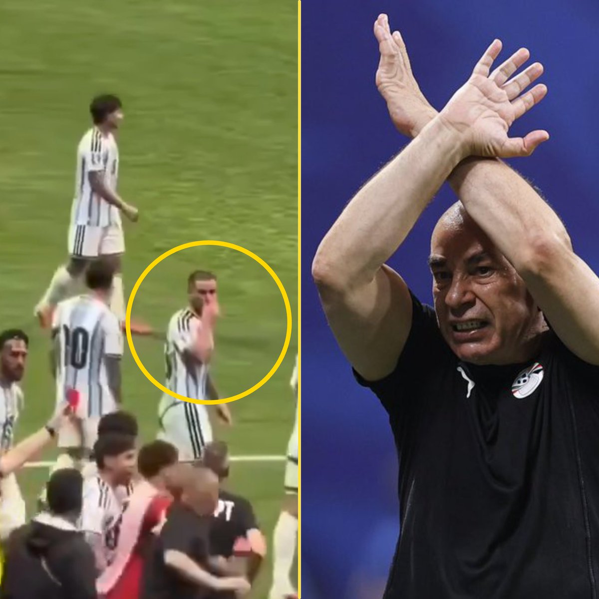 FootballFunnnys's tweet photo. Seconds prior to the Egyptian manager holding up an 'X' signal in yesterday evenings game, Alexis MacAllister can be seen covering his mouth and shouting over to the Egyptian entourage. A action that is a direct sending off by the laws of the game. However MacAllister avoided any punishment and the Egyptian bosses signals were ignored... 😳