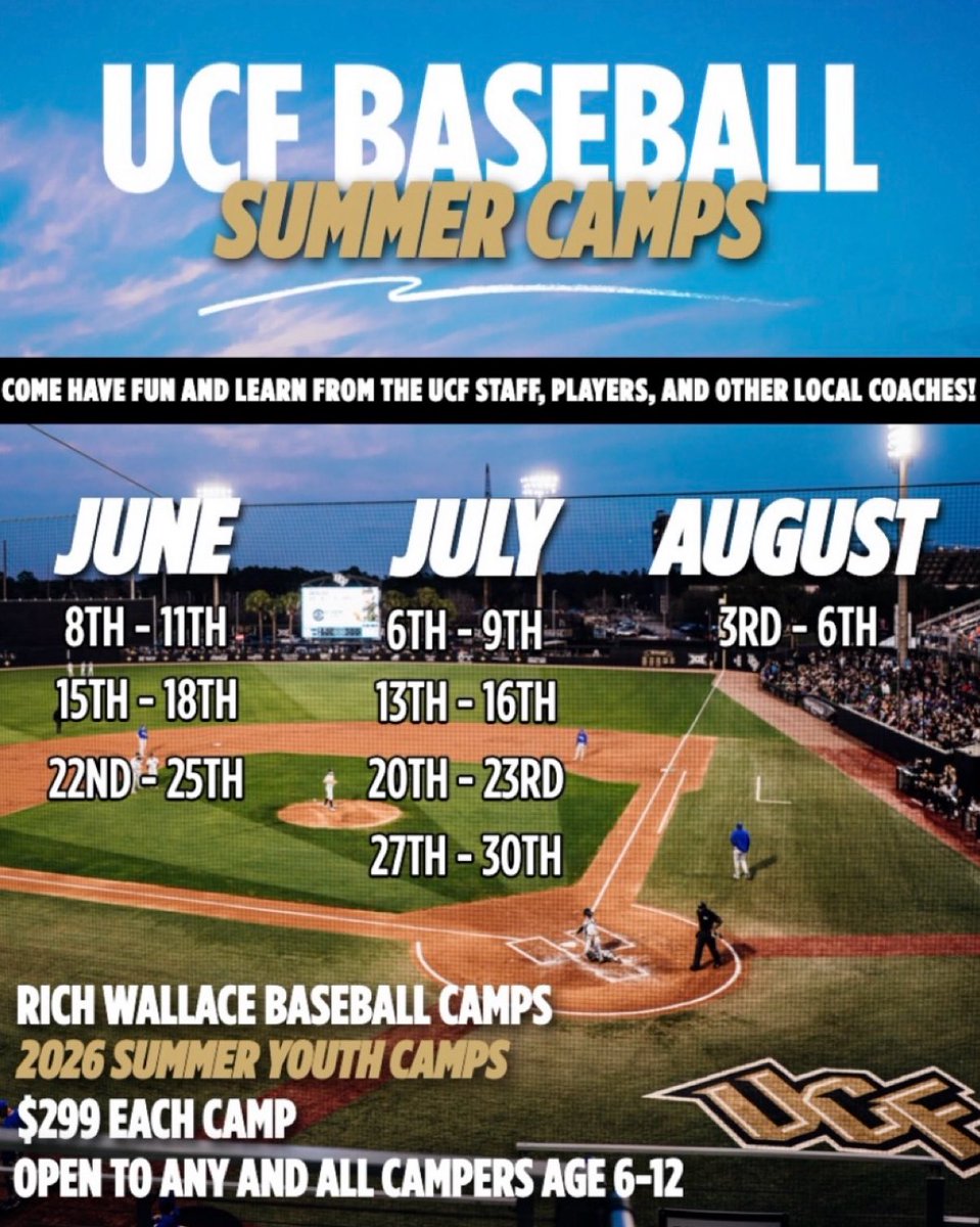 UCF_Baseball's tweet photo. July and August Camps still available!! Monday - Thursday from 9am to 3pm each day. Come have fun playing ball at John Euliano Park ⚾️

Register: https://t.co/0IoM9oBNGE 

Email mdepew@athletics.ucf.edu for more information https://t.co/LWjDdnxeoE