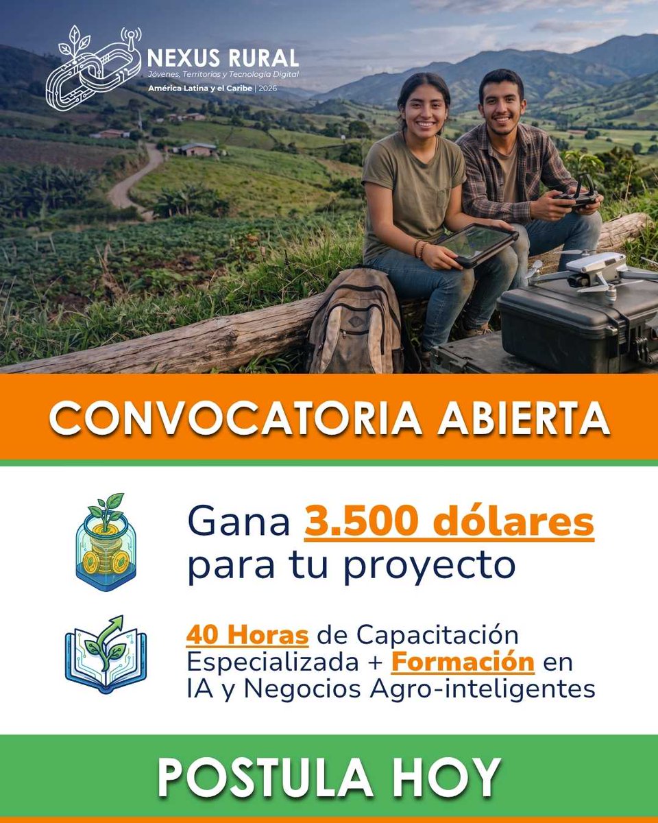 FIDA_LAC's tweet photo. 📢¡Si tienes una idea para transformar el agro con tecnología en tu comunidad rural, el Premio #NexusRural es para tí!

Esta iniciativa del @FIDA_LAC y @PROCASUR te premia con USD$3.500 para tu proyecto y 40 horas de formación en IA.

Participa: https://t.co/QhKQkCvaNr https://t.co/0KJCNW1w4I