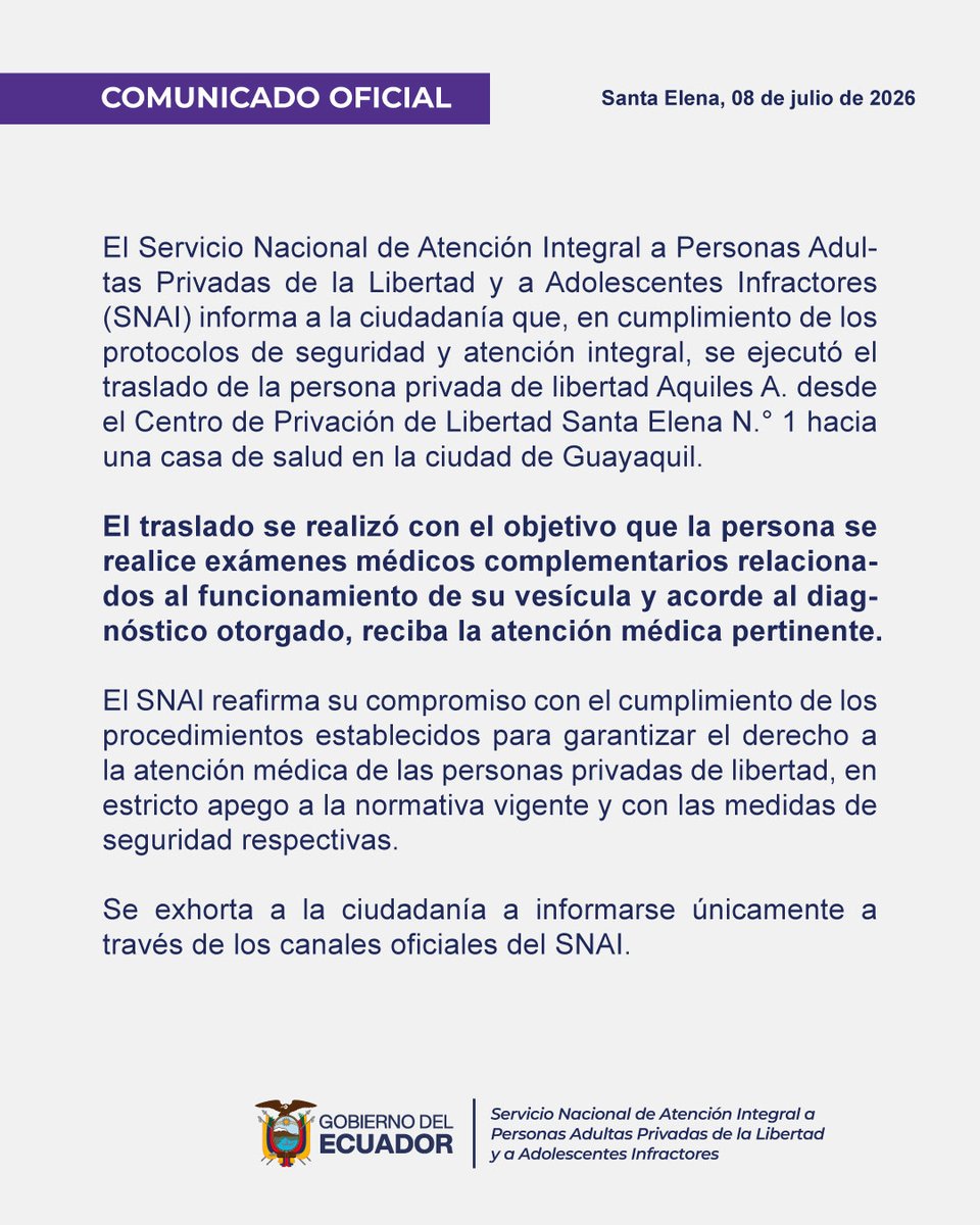 SNAI_Ec's tweet photo. El Servicio Nacional de Atención Integral a Personas Adultas Privadas de la Libertad y a Adolescentes Infractores informa: https://t.co/WDq8VrTcAC