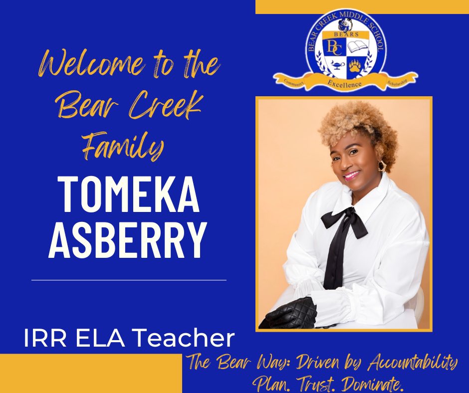 Armstrong_BCMS's tweet photo. Please join me in welcoming Ms. Asberry to Bear Nation. She is joining us from @Creekside_High and is ready to DOMINATE because our scholars deserve the best! @1CWoodhouseSr @MsTGedu @thesskey @TenishaBlackma3 @BearCreekMS #TribePride https://t.co/IixwlNzjPg