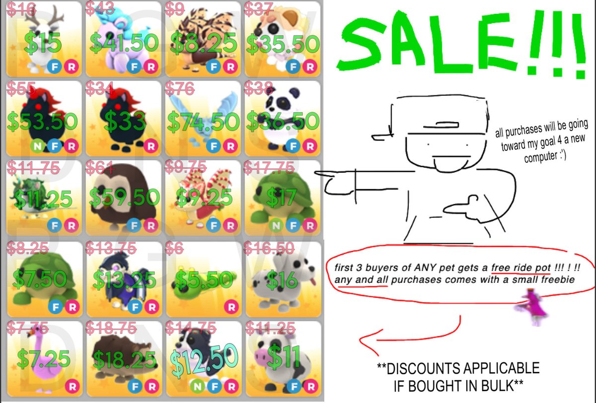 piegravywinner's tweet photo. SELLING #adoptme PETS !!! prices shown are in USD. i am taking paypal/paypal fnf , any & all help is greatly appreciated 💛
please shoot me a dm if you're interested or have any questions :D i'll always be quick to reply !
#adoptmetrade #adoptmetrading #adoptmeroblox https://t.co/XGbY0TknZx