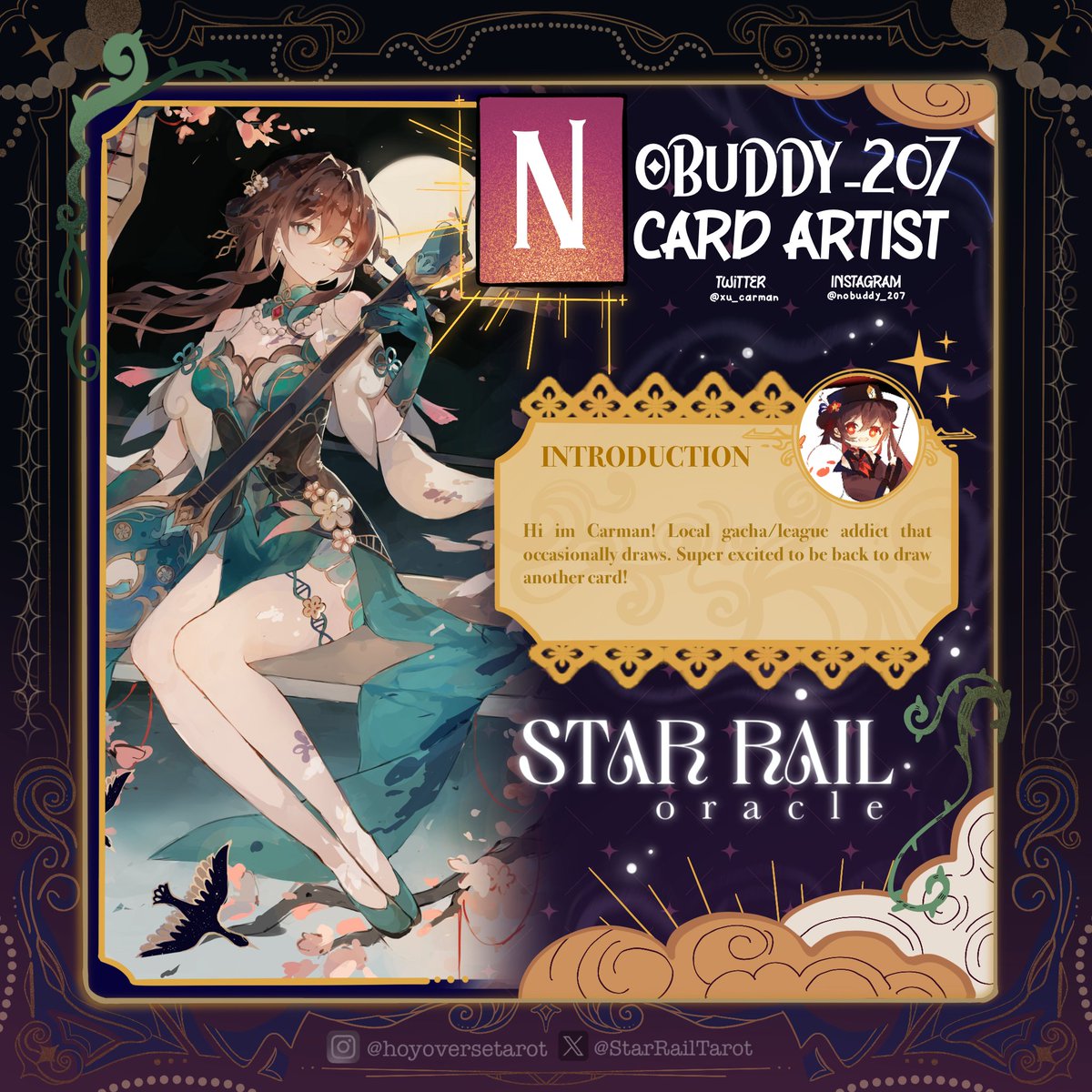 StarRailTarot's tweet photo. ✨ CONTRIBUTOR SPOTLIGHT - @xu_carman

Meet another card artist behind Star Rail Oracle! Their artworks has a wonderful sense of color and atmosphere, bringing a unique touch to the project!!! ✨🎨 https://t.co/5CONiwM4wb
