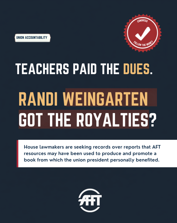 AmericansFair's tweet photo. Teachers paid the dues. Randi Weingarten got the royalties?

Congress wants answers.

House committee leaders are investigating reports ⬇️

Union resources may have been used to produce and promote a book from which AFT President Randi Weingarten personally received royalties.

Teachers deserve transparency about where their dues go.

Read more: 
https://t.co/x1zHrtmVAa