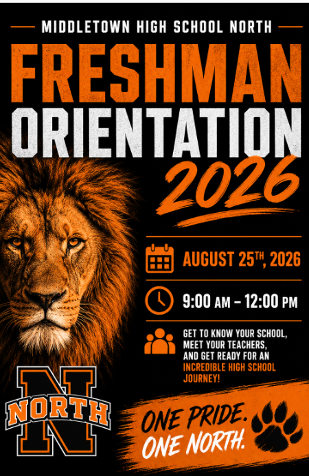 MTPSRasmussen's tweet photo. ๐ฆ Welcome to the Pride! Freshman Orientation 2026 is coming to Middletown High School North on August 25, from 9:00 a.m.โ12:00 p.m. Meet your teachers, explore the school, and get ready for an incredible high school journey. #MTPSpride #NorthNation https://t.co/yN6E8QpvJi