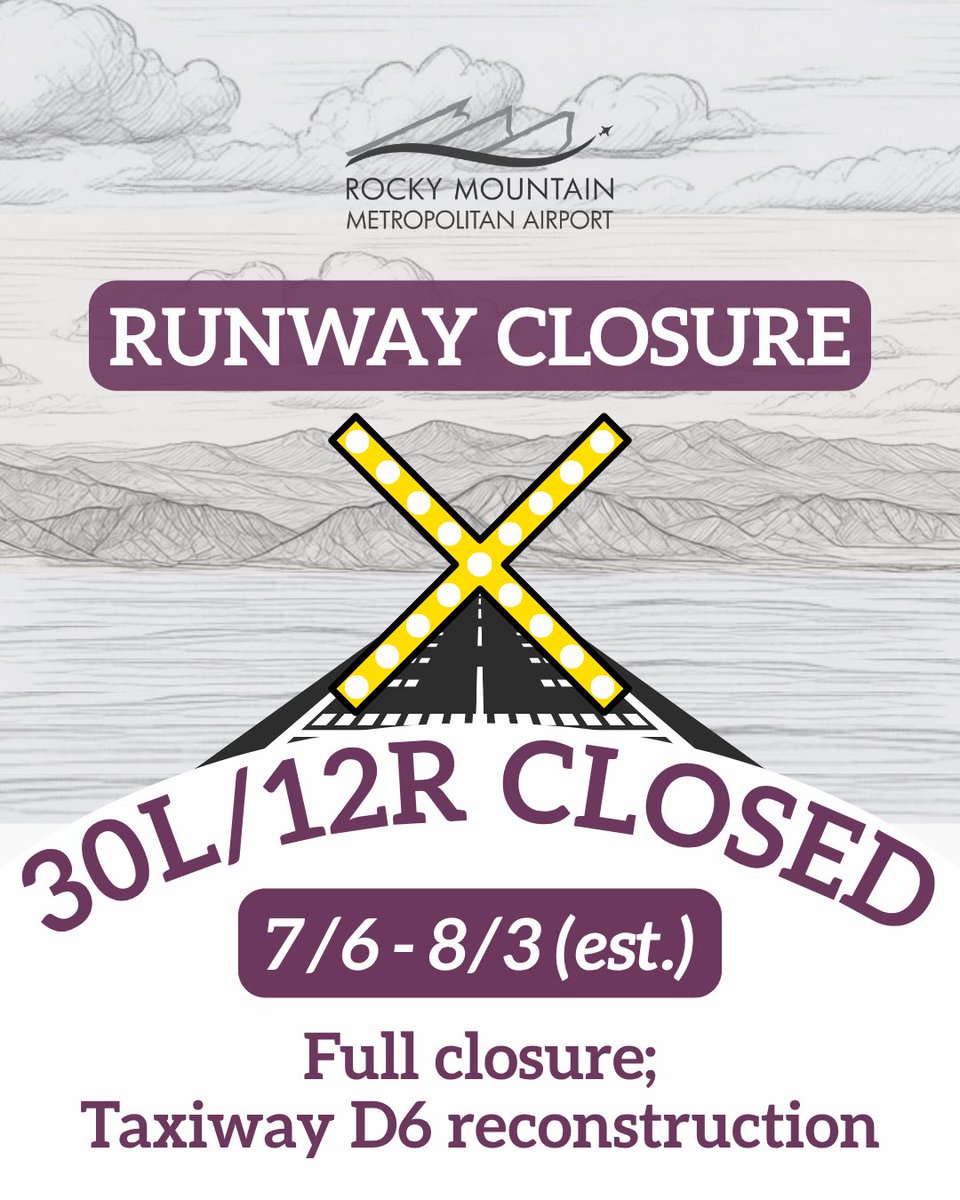 flyRMMA's tweet photo. Reminder: due to work in the runway safety area, 30L/12R will be closed for approximately 35 days, beginning July 6th. Please anticipate airfield and airspace impacts due to this work, and as always, pilots should check NOTAMs for the most up-to-date information. https://t.co/w5HUxV05rB