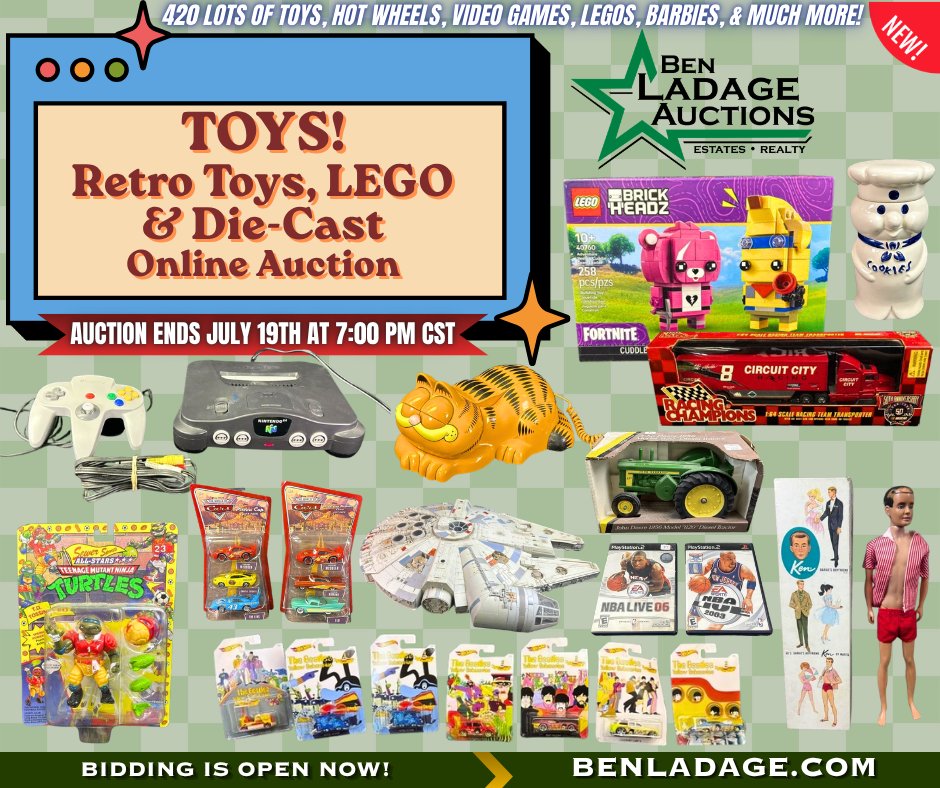 BenLadage's tweet photo. NEW AUCTION🚨 We have another exciting TOYS! Retro Toys, LEGO &amp; Die-Cast Online Auction 🎮🎰 Featuring 420 Lots of Hot Wheels, Video Games, LEGOS, Barbies, &amp; Much More! Check out the full catalog at https://t.co/XL7ynEHcAL &amp; start bidding today! https://t.co/l4ExwEdGJp